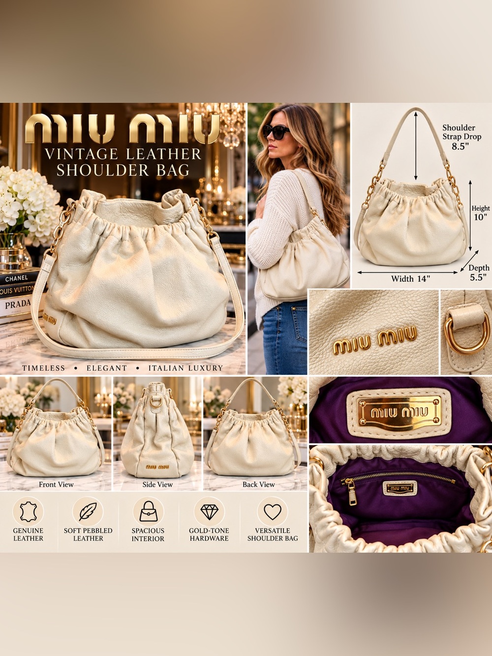 Miu Miu Cream Pebbled Leather Drawstring Shoulder Bag with Gold Hardware